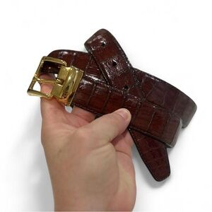 Reddish Brown Unisex Crocodile Leather Belt Gold-tone Hardware Size 42 Italy